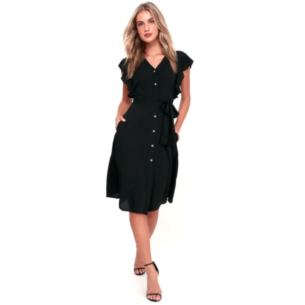 Capri Coast Black Button-Front Midi Dress